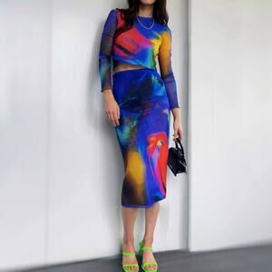 Zara Printed Mesh Midi Skirt Abstract Blue Tulle Size Medium